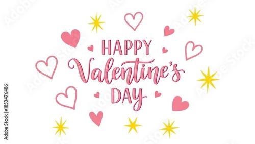 Happy Valentine's Day text with hearts and stars on white background, vector illustration, festive design for greeting card or invitation.