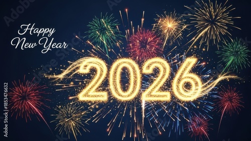 Spectacular fireworks display illuminating the sky with 'Happy New Year 2026' glowing text, signifying a bright and celebratory start to the year.