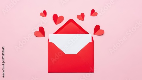 Romantic Love Letter Mockup with Open Red Envelope and Paper Hearts on Pink Background