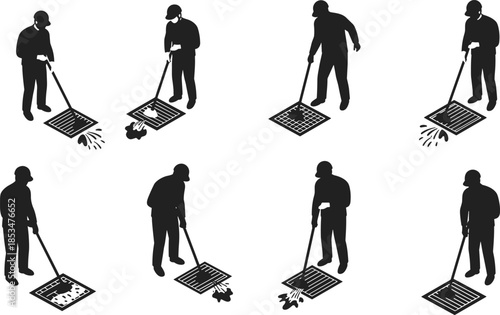 Manhole maintenance silhouettes, utility worker posture, inspection tools, safety gear, black figures, flame torch use, liquid spray, industrial procedure, pole technique