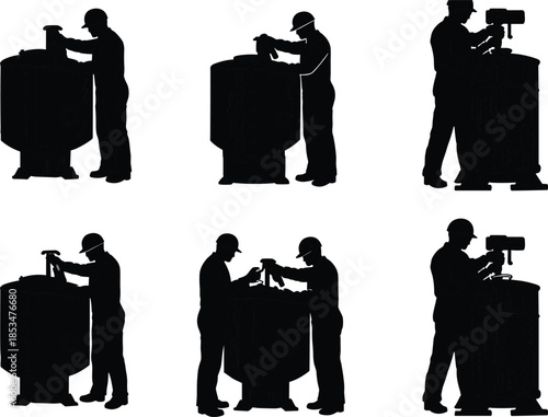 Industrial tank operator silhouettes, reactor inspection, safety gear, black figures, cylindrical equipment, control panel interaction, maintenance posture, factory process, technical work