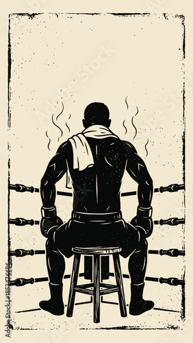 Vintage Boxer Resting in Corner Woodcut Illustration