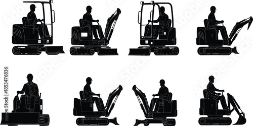 Mini excavator operator silhouettes, compact construction equipment, black figures, bucket and blade attachments, posture variation, industrial machinery, safety gear