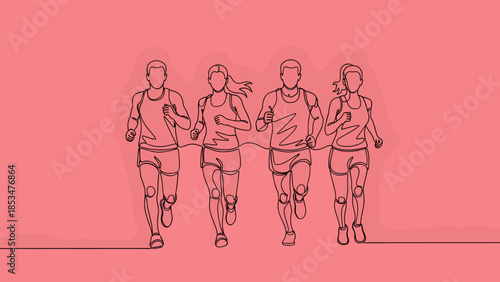 Dynamic Continuous Line Art of Four Runners: Group of Men and Women Exercising Together, Symbolizing Teamwork, Fitness, and Endurance on a Solid Co...