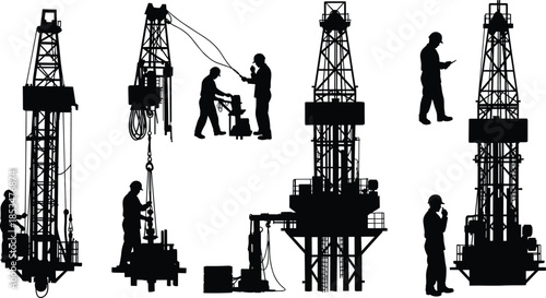 Oil drilling rig silhouettes, industrial workers, extraction process, machinery operation, black figures, energy site, equipment inspection, pump system, field labor