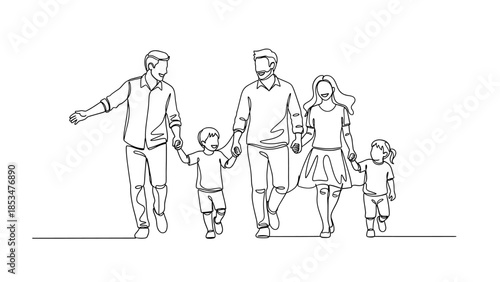 Continuous Line Art of Diverse Modern Family Walking Together, Holding Hands, Symbolizing Unity and Love