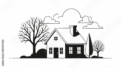 Stylized Black and White Illustration of a Cozy House with Trees.