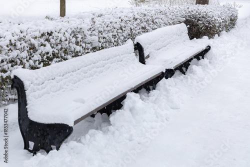 Snow Covered Benches in Winter City Park