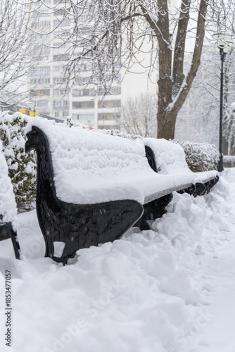 Snow Covered Benches in Winter City Park