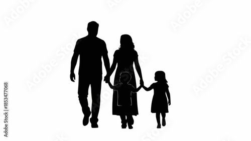 Silhouette of a family walking together holding hands.