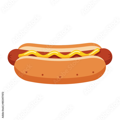 Illustration of a classic hot dog with mustard in a bun.