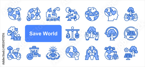Save World icon set with Climate, Crisis, Sustainability, Renewable, Conservation, Action, Unity simple line vector.