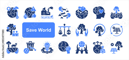 Save World icon set with Climate, Crisis, Sustainability, Renewable, Conservation, Action, Unity simple vector.