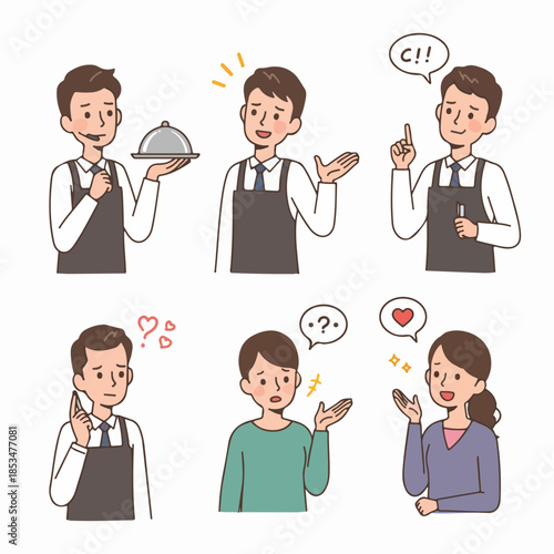 Waiters and Customers Communication Vector Set: Professional service staff serving, taking orders, and guests reacting with satisfaction and questions.
