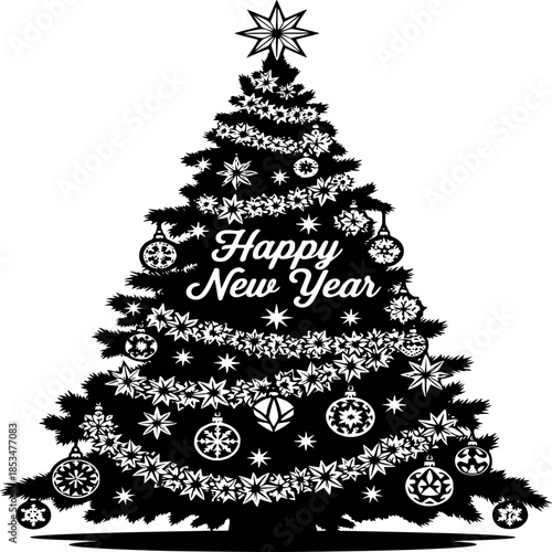 Celebratory Christmas Silhouette: A classic black and white illustration of a decorated Christmas tree radiates festive cheer, complete with ornaments, garlands, and a shining star.