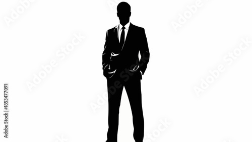 Silhouette of a confident businessman standing with hands in pockets.