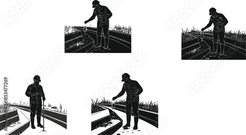 Railway track inspection silhouettes, maintenance posture, black figures, tool use, outdoor setting, safety gear, vegetation backdrop, infrastructure check