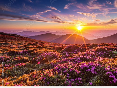 Mountain Landscape with Purple Flowers at Sunset mountains sunrise