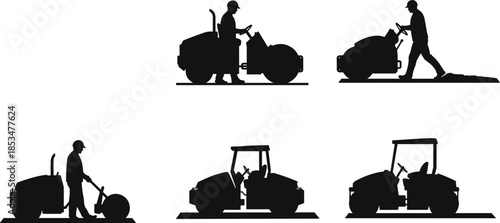Road roller silhouettes, construction workers, machinery operation, compacting surface, black figures, manual roller, safety gear, asphalt work, site activity, posture