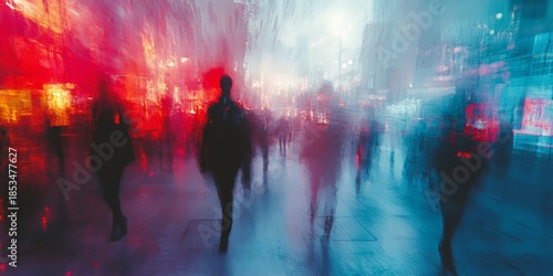 Abstract, background, and group of people walking in the city for urban foot traffic and population movements. Blurred, rushed pedestrians on the street for mockups and design, Generative AI