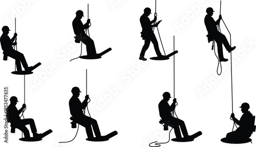 Rope access silhouettes, industrial climbing, harness safety, helmet gear, suspended workers, high-risk technique, construction maintenance, rescue posture, black figures, elevation work