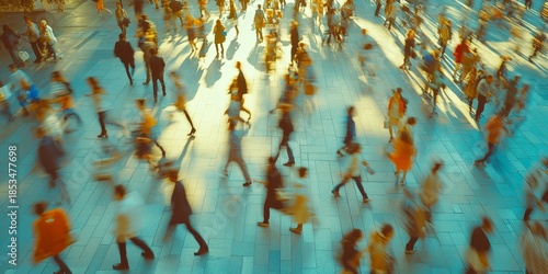 Abstract, background, and group of people walking in the city for urban foot traffic and population movements. Blurred, rushed pedestrians on the street for mockups and design, Generative AI
