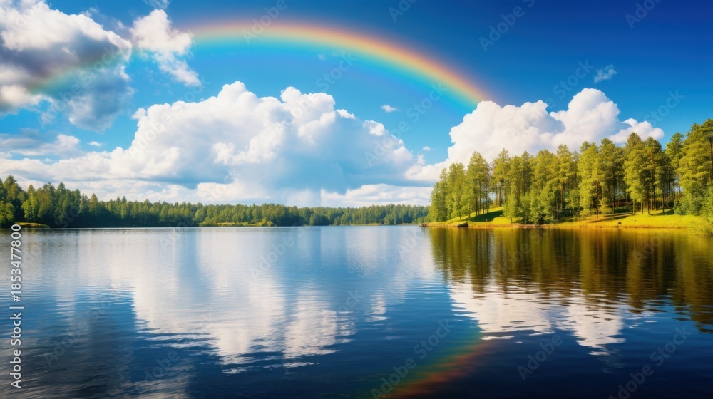Obraz premium Colorful clouds fill the sky as the sun sets over a tranquil lake. The vibrant reflections on the water create a peaceful atmosphere among the trees lining the shore.