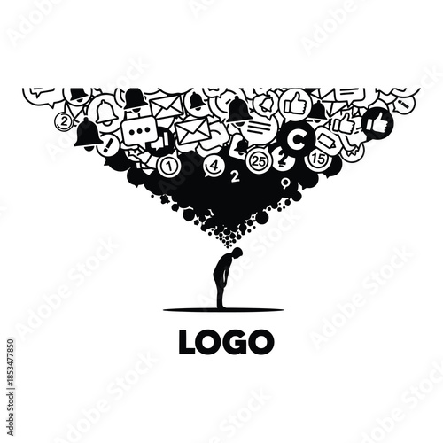 Overwhelmed person surrounded by social media notifications and icons