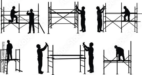 Scaffolding Assembly Silhouettes with Construction Workers and Tools, Black Figures in Setup Poses, Elevated Work Process, Safety Installation Sequence