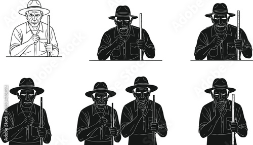 Silhouette Figure Variations Showing Artistic Rendering Styles, Wide Brim Hat Pose, Shading Comparison and Illustration Contrast