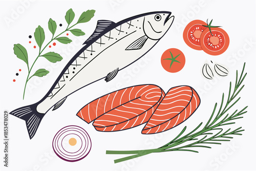 Fresh Fish Cooking Ingredients  Clean Vector  Isol (1) Vector Illustration