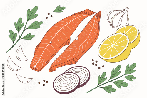 Fresh Fish Cooking Ingredients  Clean Vector  Isol (2) Vector Illustration