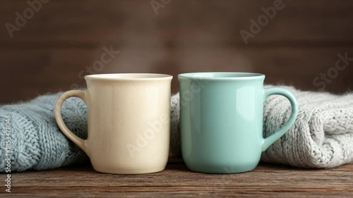Cozy Scene with Two Ceramic Mugs in Soft Tones Placed on a Rustic Wooden Surface Surrounded by a Knit Blanket 4k video footage