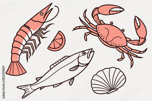 Seafood Flat Lay Composition  Minimal Vector  Isol (1) Vector Illustration