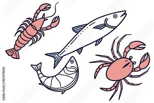 Seafood Flat Lay Composition  Minimal Vector  Isol Vector Illustration