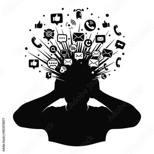 Overwhelmed person with social media and communication icons exploding from head