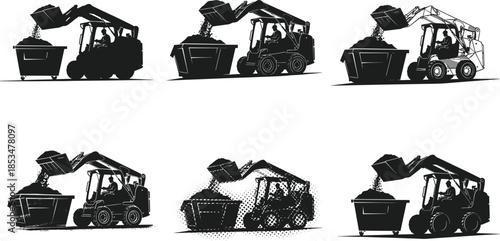Silhouette front loader, construction vehicle, dumping material, industrial machinery, heavy equipment, operator driving, dumpster loading, black and white illustration, engineering scene