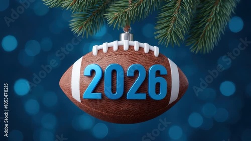 Christmas Ornament in the Shape of a Football with Year 2026 Hanging on Pine Tree Branch Against Blurred Blue Background 4k video footage