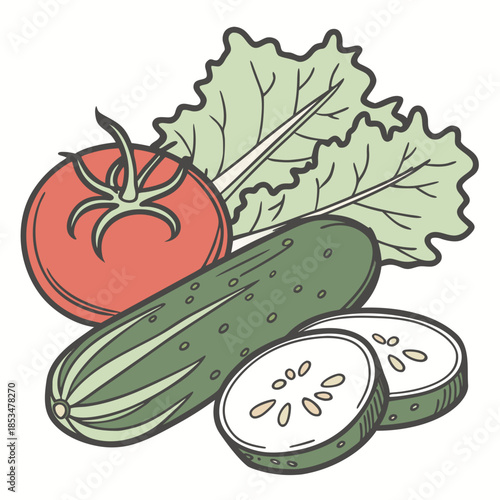 Fresh Tomato  Cucumber  Lettuce Composition  Minim (1) Vector Illustration
