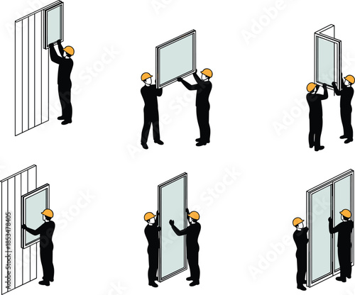 Sliding glass door installation silhouettes, construction teamwork, panel alignment, safety gear, black figures, step-by-step assembly, home improvement, tool use