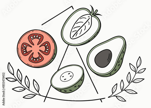 Simple Raw Food Items Arranged Symmetrically  Mini Vector Illustration