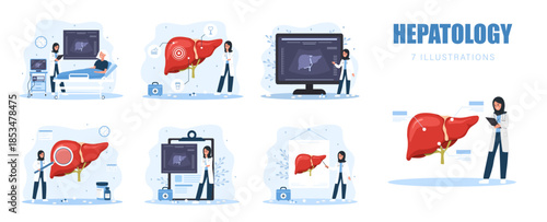 Liver disease and treatment. Medical diagnosis with doctor and patient in clinic. Healthcare flat illustration.