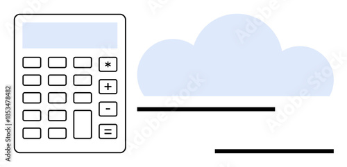 Calculator next to a cloud represents technology, finance, data, analysis, and innovation. Ideal for accounting, cloud computing, budgeting, business strategy data management fintech automation
