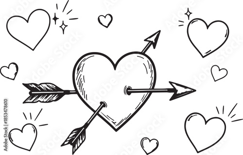 Heart with Arrows, Hand Drawn Illustration, Valentines Day Symbol