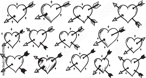 Heart Arrows Love Valentine Tattoo Sketch Set on White Background