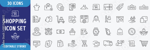 Shopping line editable icon set. Containing cart, shop, offer, delivery, e-commerce, buy, product, customer, online shopping. Full Editable outline. Vector illustration