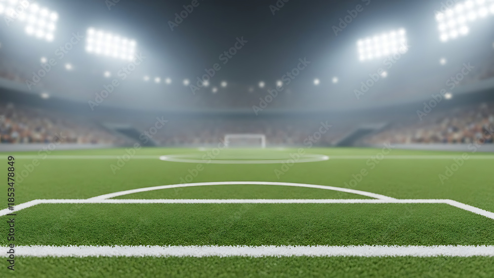 Fototapeta premium Empty soccer stadium with bright lights and green grass field at night.