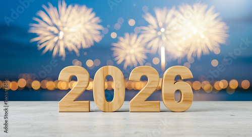 Golden 2026 lettering displayed against a vibrant fireworks display backdrop