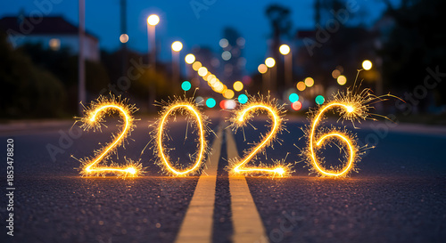 Sparkling new year 2026 illuminated on a dark city street at night