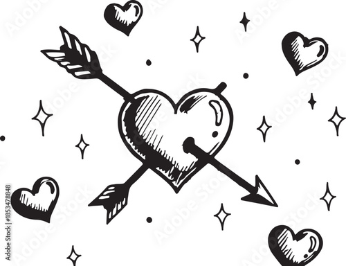 Pierced Heart with Arrow, Valentines Day Illustration, Black and White Sketch
